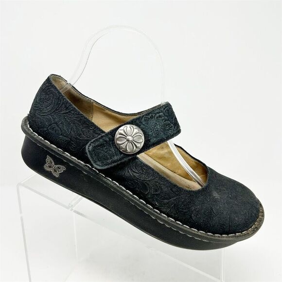 Alegria Paloma Women's Black Embossed Rose Mary Jane Shoes Size 38 (US 8-8.5) - Picture 1 of 14